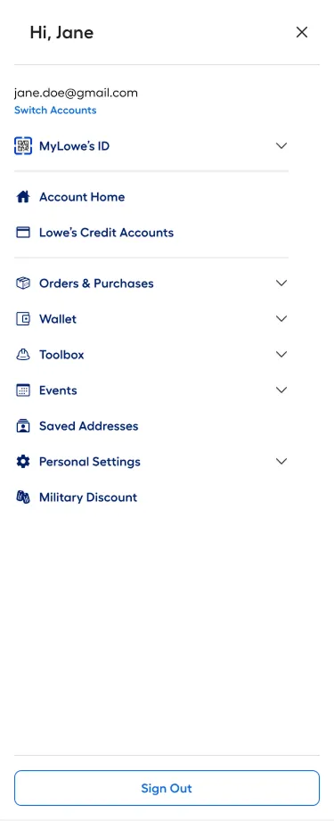 DIY MyLowe's account menu with QR code