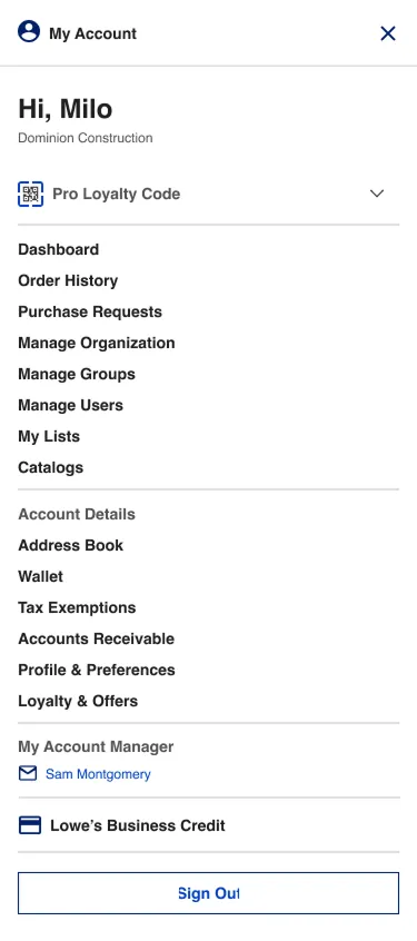 Pro account menu with QR code access